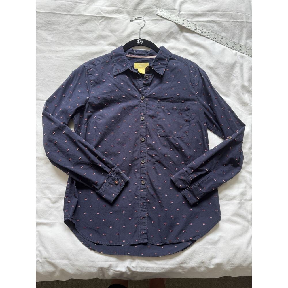 Anthropologie Maeve Women's Preppy Embroidered Button Down Shirt Navy Blue Sz 6